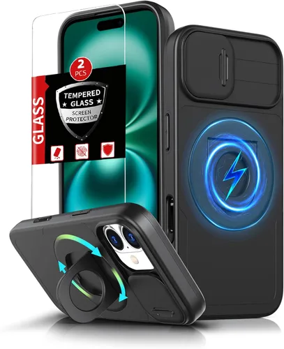 Vista 46 de Funda magnética para iPhone 11 Pro compatible con carga inalámbrica MagSafe, con 2 protectores de pantalla, anillo kickstand de 360° integrado +