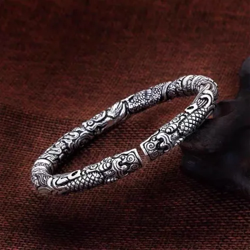 Vista 3 de Viking - Pulsera de dragón de doble cabeza Pulsera ajustable de plata vintage, joyería perfecta para hombre, Plata, plateado