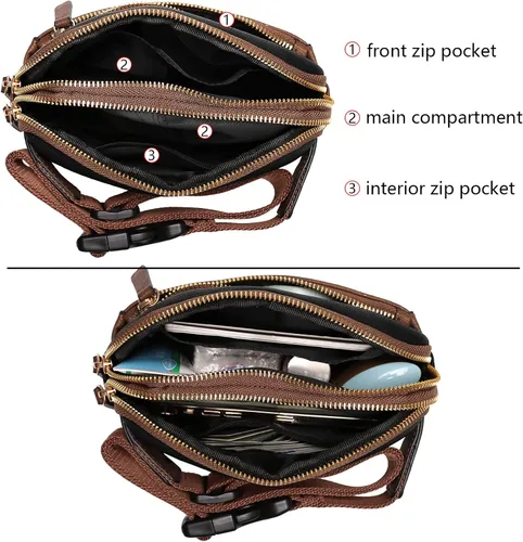Vista 4 de Uromee Riñoneras para mujer Everywhere bolsa cruzada con correa ajustable de cuero vegano, negro con café, Casual
