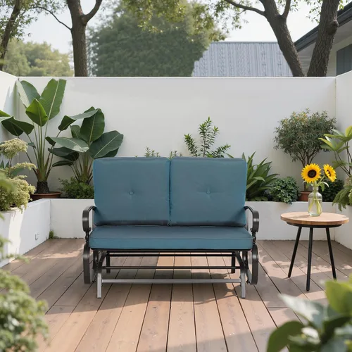 Vista 2 de Banco al aire libre para patio, mecedora de 2 asientos, mecedora de hierro forjado para patio exterior con cojín (azul)