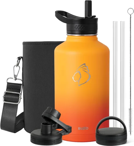 Vista 23 de BUZIO Botella de agua de 32 onzas aislada con popote y 3 tapas y bolsa de transporte, a prueba de fugas, frasco jarra de agua de acero inoxidable