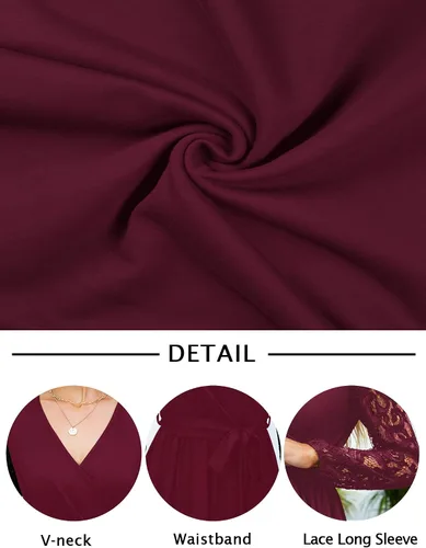 Vista 6 de Runwind Elegante vestido largo para mujer, cuello en V, encaje de manga larga, vestidos de dama de honor con cinturón, Rojo