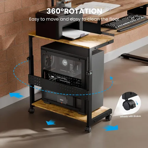 Vista 9 de EUREKA ERGONOMIC Carrito de computadora con soporte para PC, soporte de torre ajustable de 2 niveles para impresora ATX, carrito de metal con ruedas