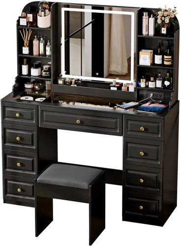 Vista 9 de 43" Lighted Makeup Vanity Set w/9 Drawers & Shelf, Padded Stool, Black