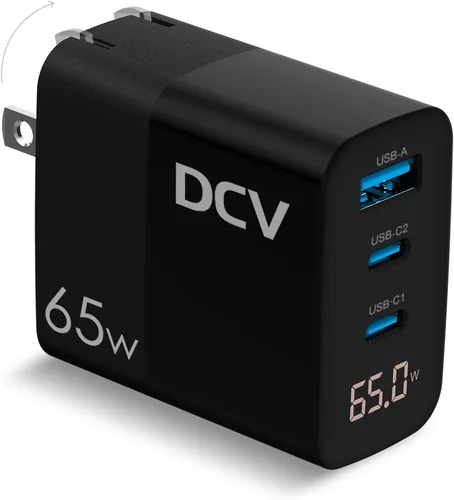 Vista 8 de DCV Cargador USB C de 65 W con cable C a C de 6.6 pies, bloque de carga rápida de 3 puertos con pantalla digital LED, cargador de pared plegable