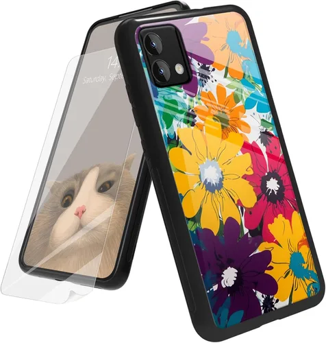 Vista 94 de Funda para Motorola Moto G Play 4G 2024 con protector de pantalla, parte trasera de vidrio templado + funda de silicona suave TPU absorción