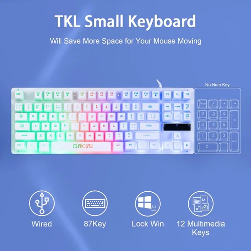 Vista 2 de CHONCHOW TKL - Teclado para juegos con cable de 87 teclas, retroiluminación LED arcoíris, teclado blanco y mouse 3200DPI Combo compatible con PC