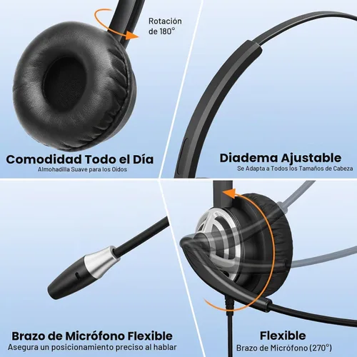 Vista 6 de MKJ Auriculares USB con micrófono para PC, auriculares de computadora con micrófono de cancelación de ruido para centro de llamadas y oficina