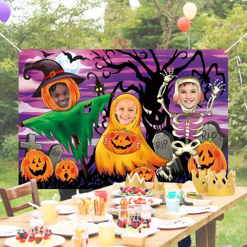 Vista 4 de Telón de fondo de cara de noche de terror en el agujero, 5 x 3.3 pies, cabeza de calabaza, espantapájaros, esqueletos, accesorios para fotos