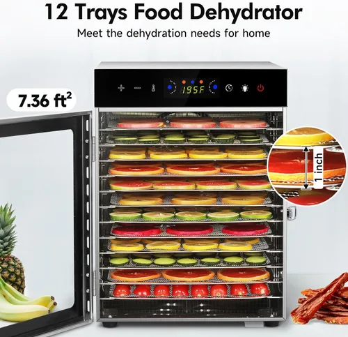 Vista 3 de Máquina deshidratadora de alimentos, 12 bandejas de acero inoxidable, deshidratador de carne de 1000 W para uso doméstico, temporizador de 24 horas