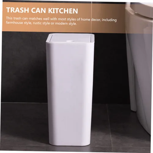 Vista 8 de Bote de basura delgado de plástico con tapa de prensa- para baño, cocina, oficina, color blanco