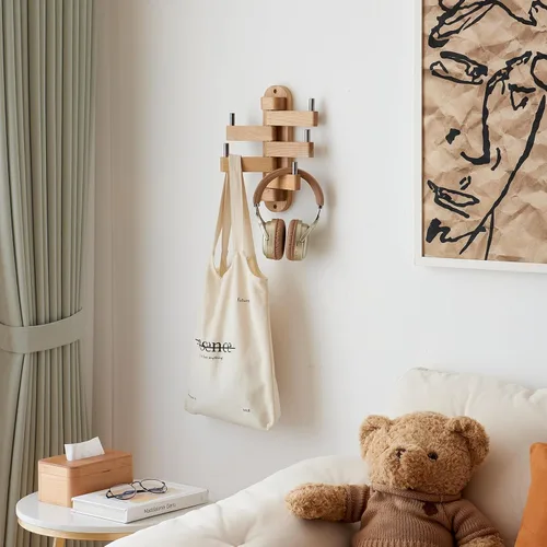 Vista 5 de Perchero giratorio de roble con ganchos para abrigos, ganchos de pared de madera con 5 brazos plegables giratorios, perchero de pared de 30 cm