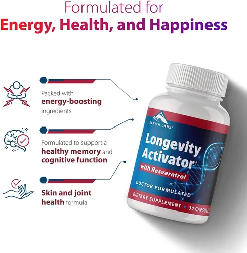 Vista 4 de Zenith Labs Suplemento dietético activador de la longevidad, antioxidantes naturales con resveratrol, apoya la función inmune y la memoria saludable