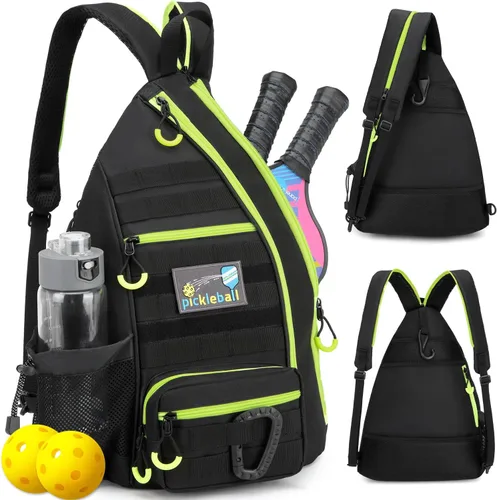 Vista 12 de Bandolera de Pickleball SunForMorning, Mochila Táctica de Pickleball para Mujeres y Hombres, Bolsa de Hombro Ajustable con Gancho para Valla y Negro