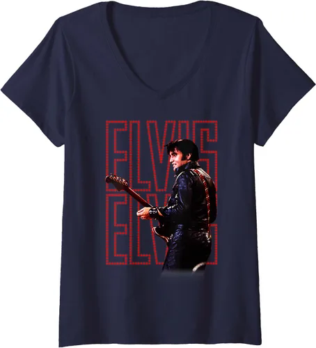 Vista 3 de Camiseta con cuello en V oficial de Elvis Presley 68 Comeback Special para mujer Negro
