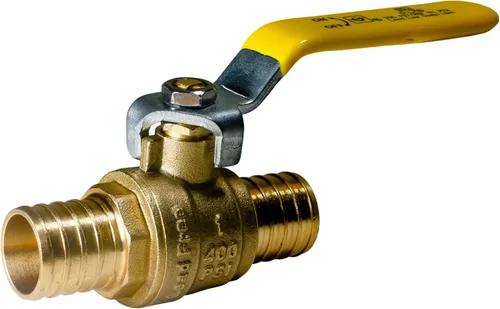 Vista 3 de XFITTING Paquete de 10 válvulas de bola Pex Barb de 1 pulgada, mango amarillo, válvula de bola Pex de puerto completo, latón