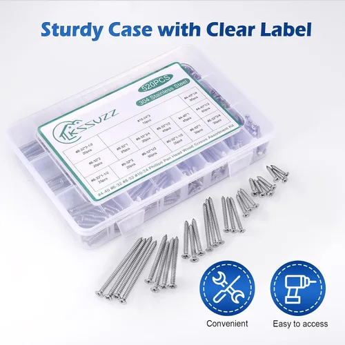 Vista 6 de Kit surtido de 520 tornillos para madera, juego de tornillos autorroscantes de acero inoxidable, tornillos pequeños para paneles de yeso