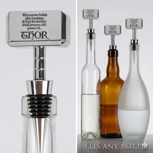 Vista 2 de Marvel Thor Battle Hammer tapón para botella de vino con grabado Mjolnir – Se adapta a cualquier botella – Barra coleccionable