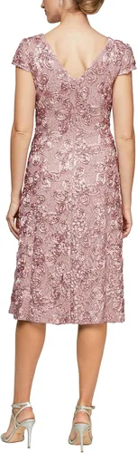 Vista 2 de Alex Evenings Women's Tea Length Cap Sleeve Rosette Dress (Petite and Regular)