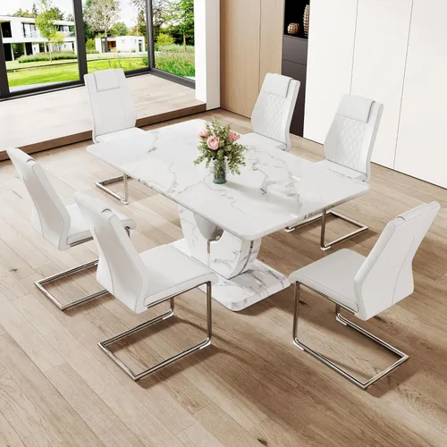 Vista 11 de Moderno juego de mesa de comedor de mármol sintético para 4, mesa de cocina rectangular blanca de 63 pulgadas con elegante base de pedestal