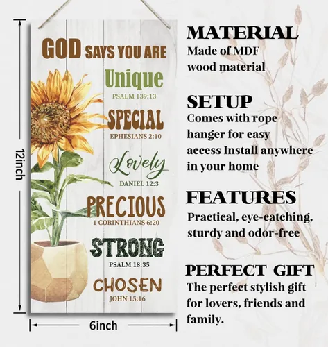 Vista 2 de Letrero decorativo de madera con cita inspiradora cristiana, Dios dice que eres, versículos de la Biblia, decoración de placa de madera impresa