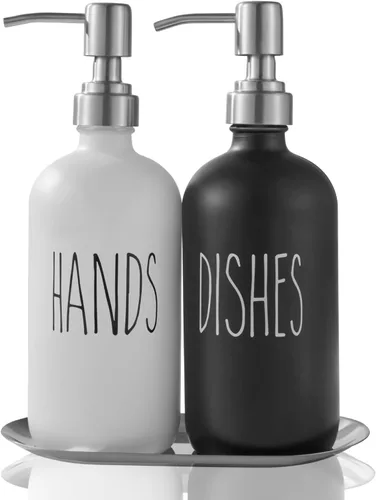 Vista 8 de Dispensador de jabón para platos, dispensador de jabón de manos de vidrio grueso, para fregadero de cocina, bomba de acero inoxidable 304, cocina