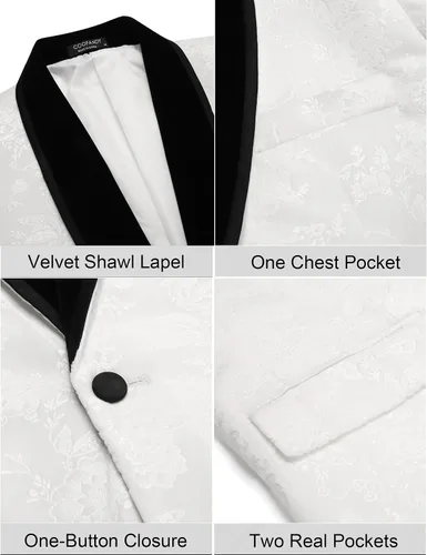Vista 5 de COOFANDY Men's Floral Tuxedo Jacket Shawl Lapel One Button Velvet Suit Jacket Dinner Prom Party Wedding Blazer