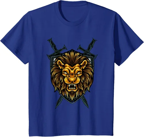 Vista 37 de Camiseta con diseño de caballero medieval renacentista, con diseño de espada de león, Negro, S