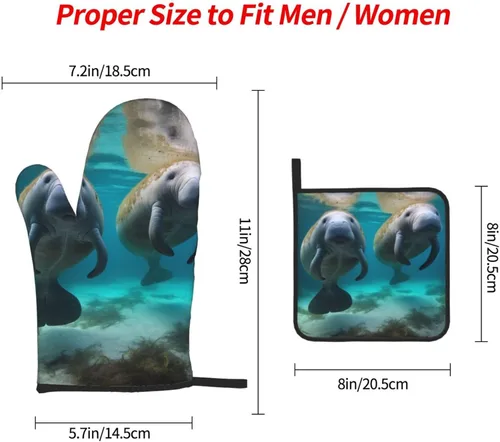 Vista 2 de West Indian Manatees - Guantes de horno resistentes al calor, 2 unidades y soportes para ollas, 1 unidad, guantes de cocina para hornear, juego de 3
