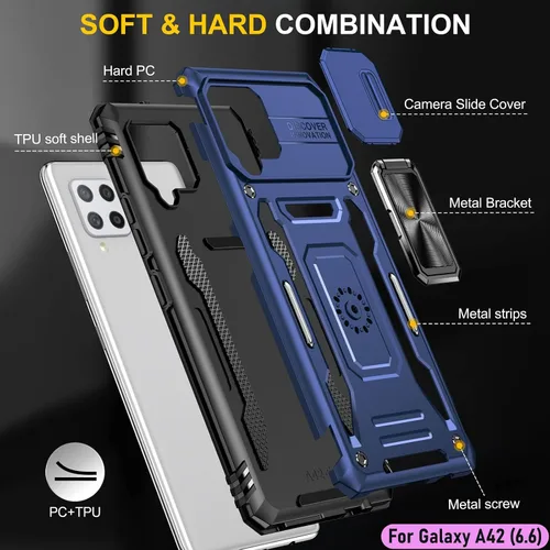 Vista 3 de Funda resistente para Samsung Galaxy A42 (5G), protector híbrido de goma de doble capa de grado militar con protector de cámara deslizante, soporte