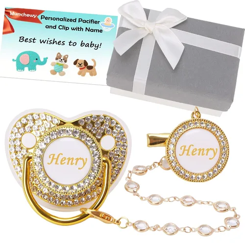 Vista 7 de Chupete personalizado con nombre, juego de clip para chupete dorado brillante con caja de regalo, tarjeta de felicitación, lujoso chupete de cristal