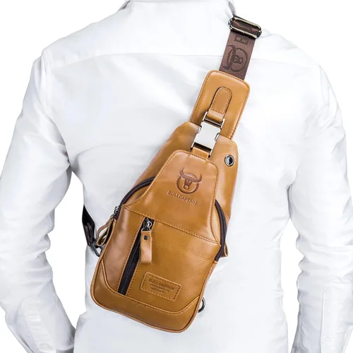 Vista 7 de Hebetag Bolso bandolera de cuero casual para hombres y mujeres, para viajes al aire libre, senderismo, campamento, hombro, pecho