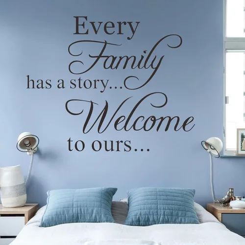 Vista 7 de Vinilo decorativo para pared con texto en inglés «Every Family Has a Story» con frase «Welcome to ours»