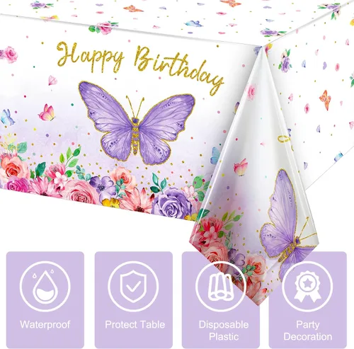 Vista 3 de Tegeme Mantel rectangular con diseño de mariposas y feliz cumpleaños, decoración de fiesta de mariposa, mantel de plástico con temática de primavera