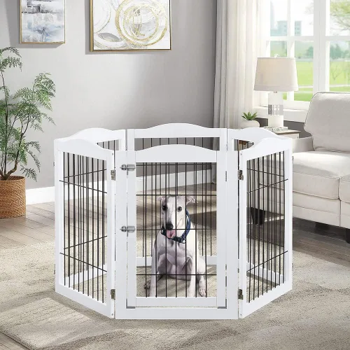 Vista 3 de BeeNbkks - Puerta extra ancha para mascotas, barrera independiente de 6 paneles para perros con puerta Heavy-Duty Wooden Indoor Playpen with Metal