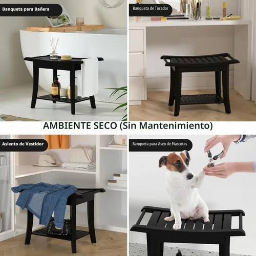 Vista 6 de Taburete Banco de Ducha de Bambú Impermeable con Estante de Almacenamiento para Afeitarse las Piernas o Asiento de Baño de Spa en el Baño y Dentro