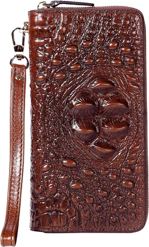 Vista 3 de PIJUSHI Billetera de piel de cocodrilo para mujer, bolso de mano, 1058 Café Croco