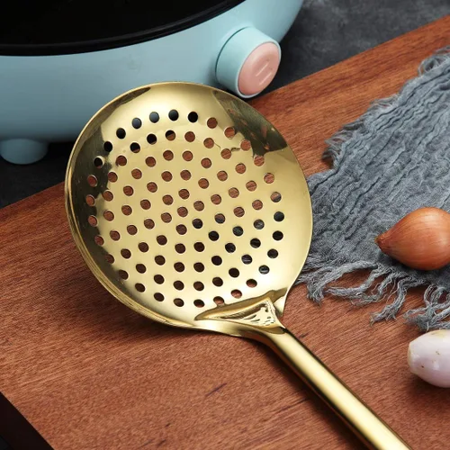 Vista 5 de Berglander Espumador, Colador de Acero Inoxidable Dorado, Cocina Dorada con Chapado de Titanio, Cucharas Ranuradas, Para Cocina, Colador de Metal