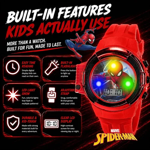 Vista 4 de Marvel Spider-Man Flashlight Watch for Kids – Light-Up Fun with LCD Display, LED Flashlight, and Durable Silicone Band