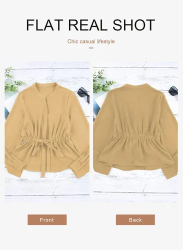 Vista 3 de Dokotoo Camisas de manga larga con botones para mujer, cuello en V, péplum, con lazo en la cintura, blusas casuales de trabajo