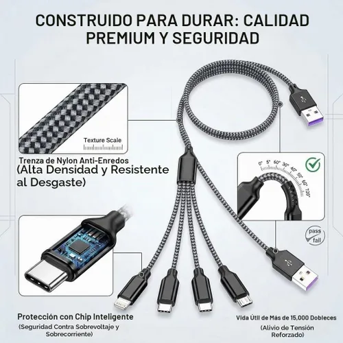 Vista 4 de Doub Tyep-C 4 en 1 cable de carga múltiple de 4 pies, cable de carga de nailon trenzado Lightning para iPhone, cable de carga universal con tipo C