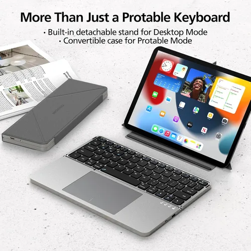 Vista 7 de Mircopack - Teclado Bluetooth plegable con panel táctil y soporte para iPad/iPhone/MacBook, 3 dispositivos, cubierta magnética de piel sintética Gris