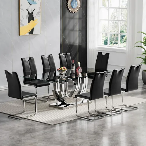 Vista 15 de Juego de mesa de comedor de cristal dorado moderno de 70 pulgadas para 4, juego de mesa rectangular de 5 piezas con base de acero en forma de anillo