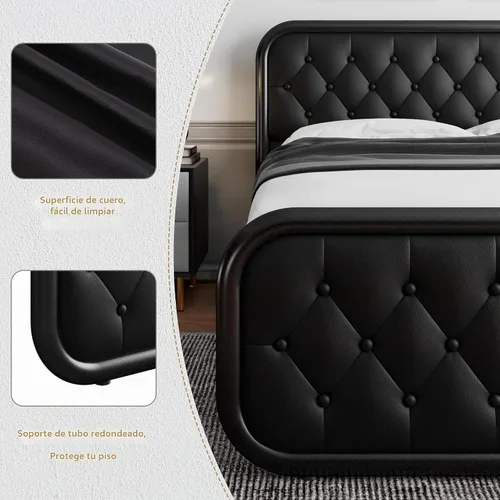Vista 6 de iPormis Marco de cama de metal tamaño completo con cabecera de cuero, marco de cama de plataforma resistente, soporte de listones de acero metálico