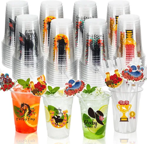 Vista 9 de MUOUAKATE Copas Derby desechables de plástico a granel, paquete de 100 vasos de 12 onzas Derby Clear Julep con pajitas de plástico y tarjetas
