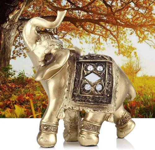 Vista 3 de Elegante estatua dorada de elefante, escultura respetuosa con el medio ambiente, fortuna para regalos de decoración del hogar (9 x 9)