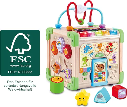 Vista 8 de VTech Cubo de juego interactivo de madera, cubo de juego interactivo con madera certificada FSC®, con varios elementos, canciones y música