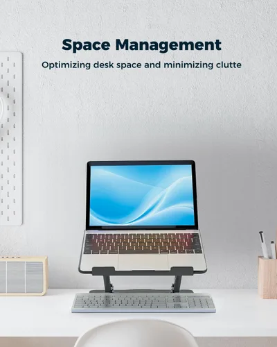 Vista 9 de Soporte ajustable para laptop de escritorio - Elevador portátil para laptop con base giratoria, soporte plegable de aluminio para computadora
