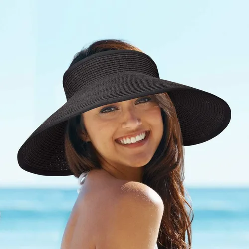 Vista 2 de MAYLISACC Viseras solares plegables de paja para mujer, protección solar de ala ancha, sombrero de playa ajustable en topless