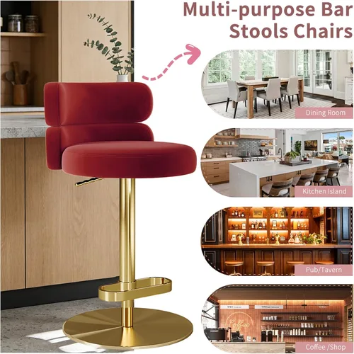 Vista 3 de Taburete de bar de terciopelo con respaldo bajo, taburete de bar giratorio con base dorada para isla de cocina, moderna silla de pub